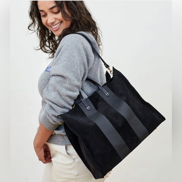 Clare V Suede Simple Tote with Racing Stripes Matte Black with Strap - Picture 13 of 14